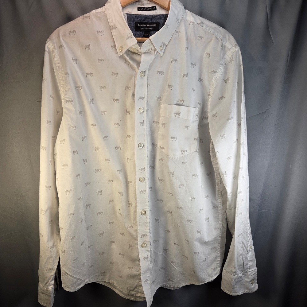 Banana Republic Men's White Long Sleeve Button Down Shirt Zebras